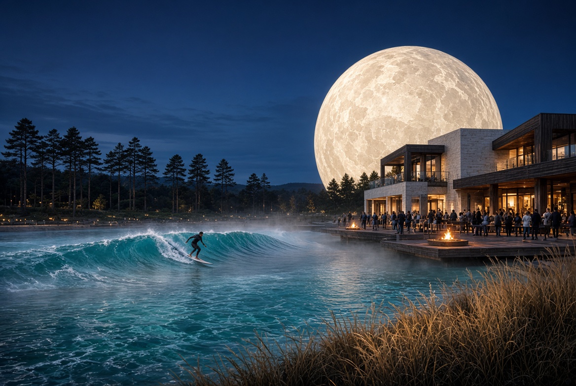 Surfer on a turquoise lagoon wave beneath GRAVITY's architectural moon