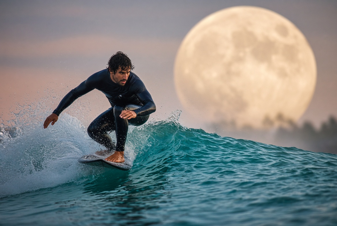 Surfer cutting a turquoise wave at dusk